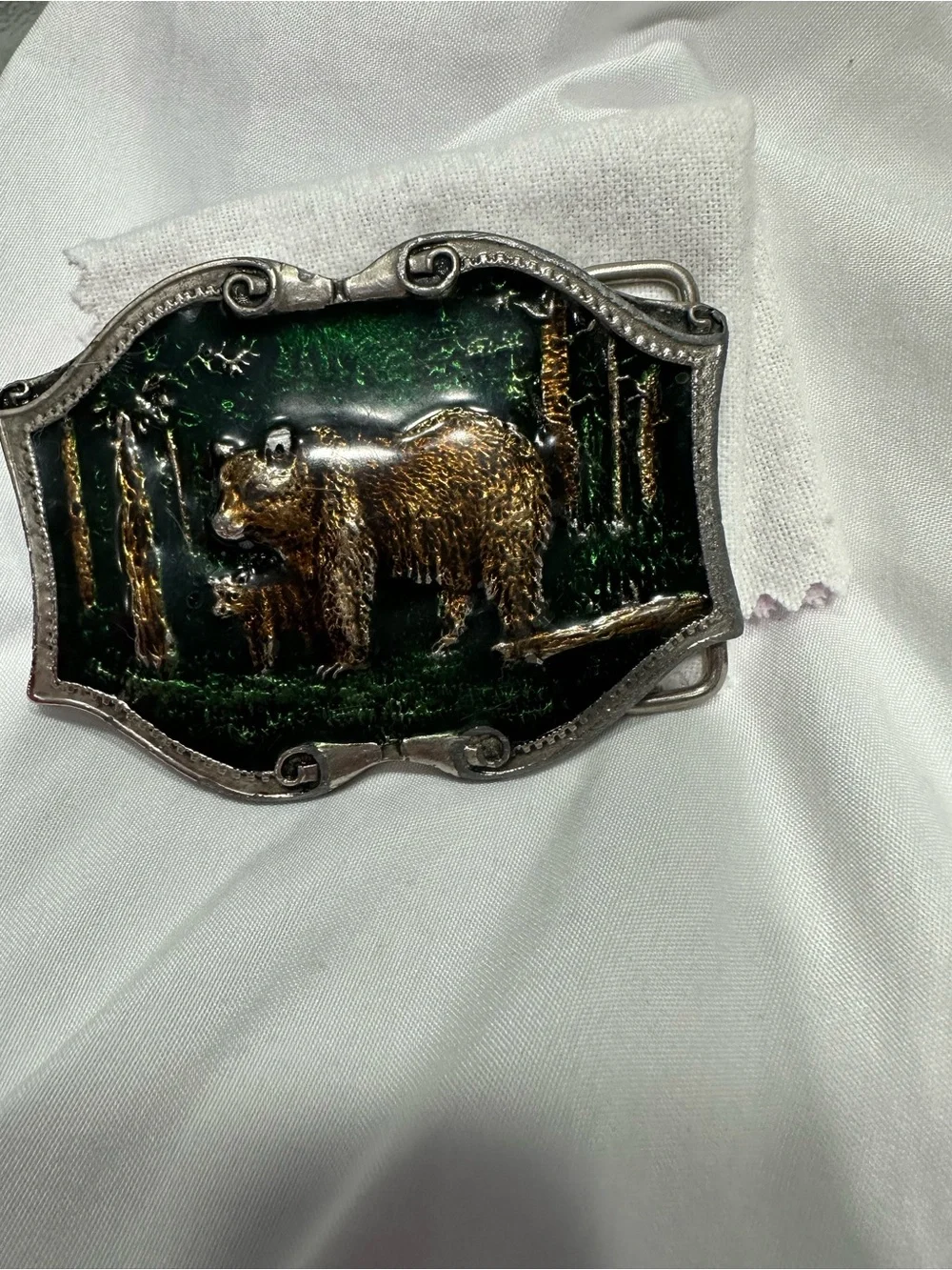 Green and Gold Bear Relief Leather Belt Buckle - Men’s Western Accessory